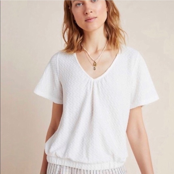 ANTHROPOLOGY SUNDAY IN BROOKLYN white V chest textured elastic waist top. MED - Picture 1 of 6
